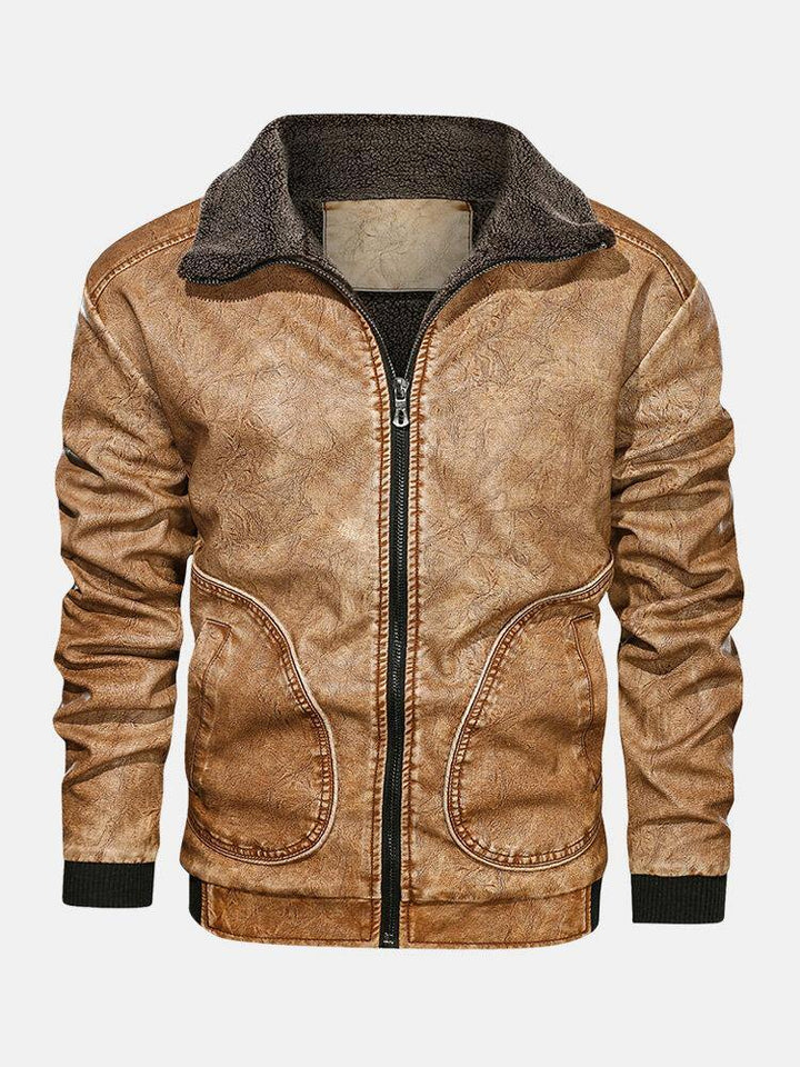 Mens Zip-Up Velvet Lined Stand Collar PU Leather Jackets - Trendha