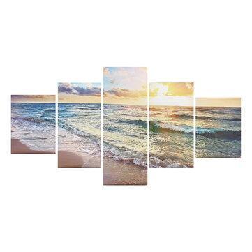 5 Panels Unframed Modern Canvas Seascape Sunrise Art Hanging Picture Room Wall Art Pictures Home Wall Decoration Supplies - Trendha