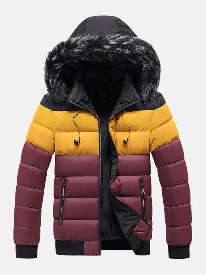 Mens Color Block Patchwork Thick Faux Fur Hooded Puffer Jacket With Pocket - Trendha