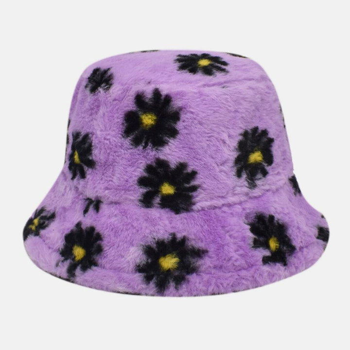 Women Lamb Hair Soft Warm Plus Thicken Casual All-match Cute Daisy Flower Pattern Bucket Hat - Trendha