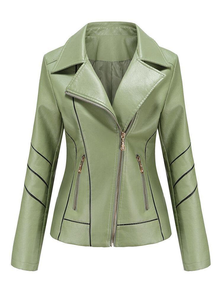 Women Solid Color Faux PU Leather Motorcycle Jacket With Pocket - Trendha