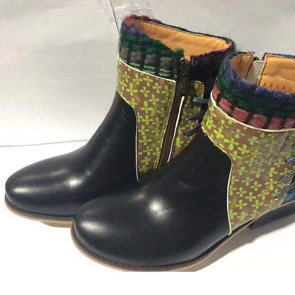 Retro fabric stitching adjustable leather pattern warm boots - Trendha