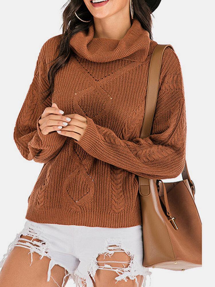 Women Solid Color High Neck Pullover Casual Warm Ribbed Knitted Sweater - Trendha