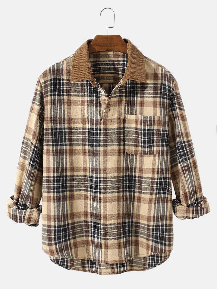 Mens Vintage Plaid Casual Fit Cotton Long Sleeve Henley Shirts With Pocket - Trendha