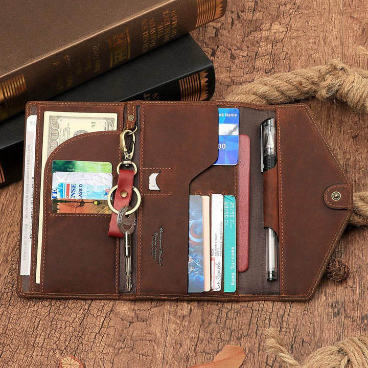Men Genuine Leather RFID Anti-theft Travel Hand-carry Passport Bag Multi-slots Card Holder Wallet With Keychain Pen Slot - Trendha