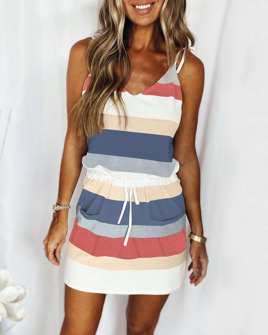 Fashion Stripe Drawstring Dress Summer Dress Loose Sleeveless Dress Women's Comfortable Casual Outfits Wear - Trendha