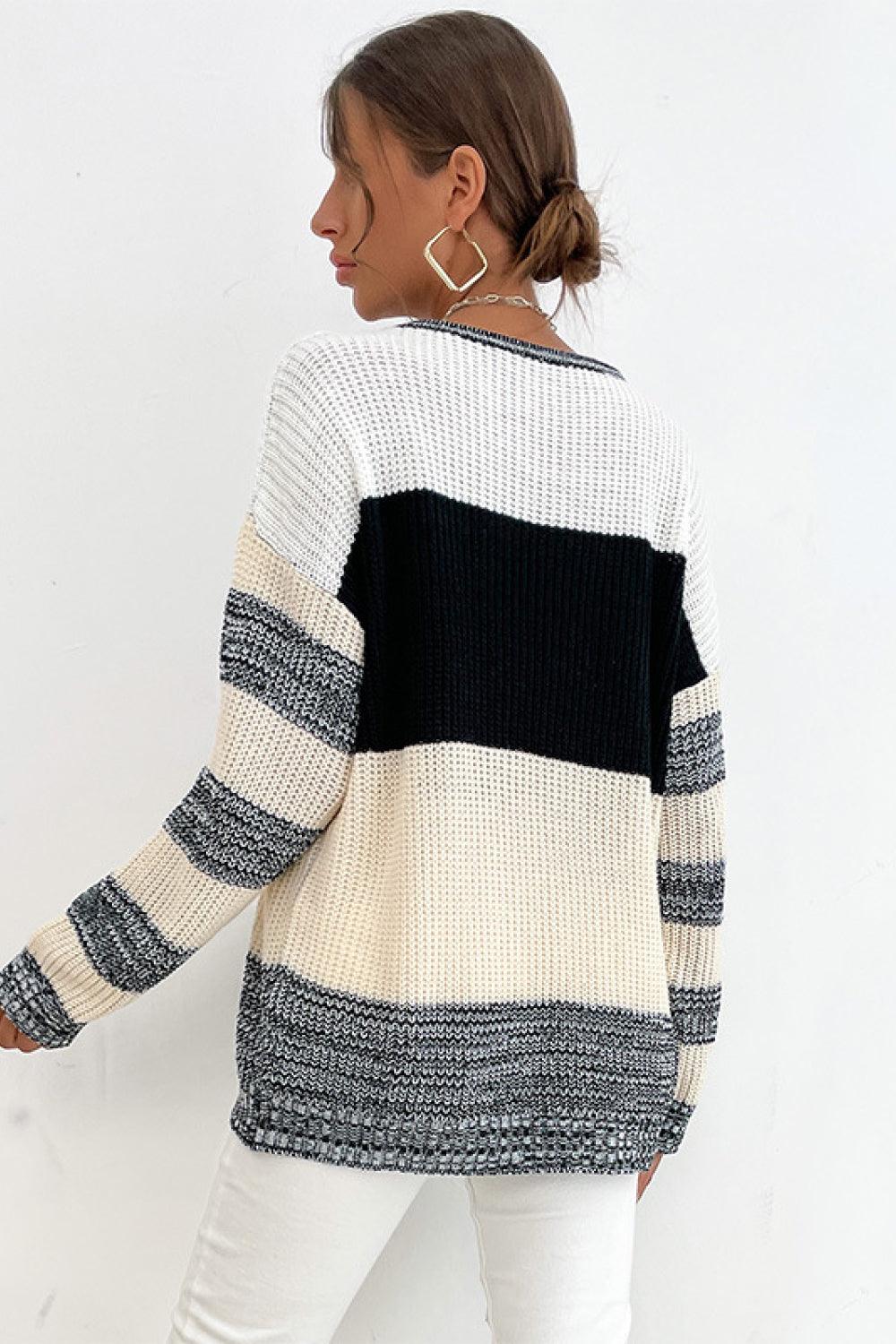 Striped Dropped Shoulder Pullover Sweater - Trendha