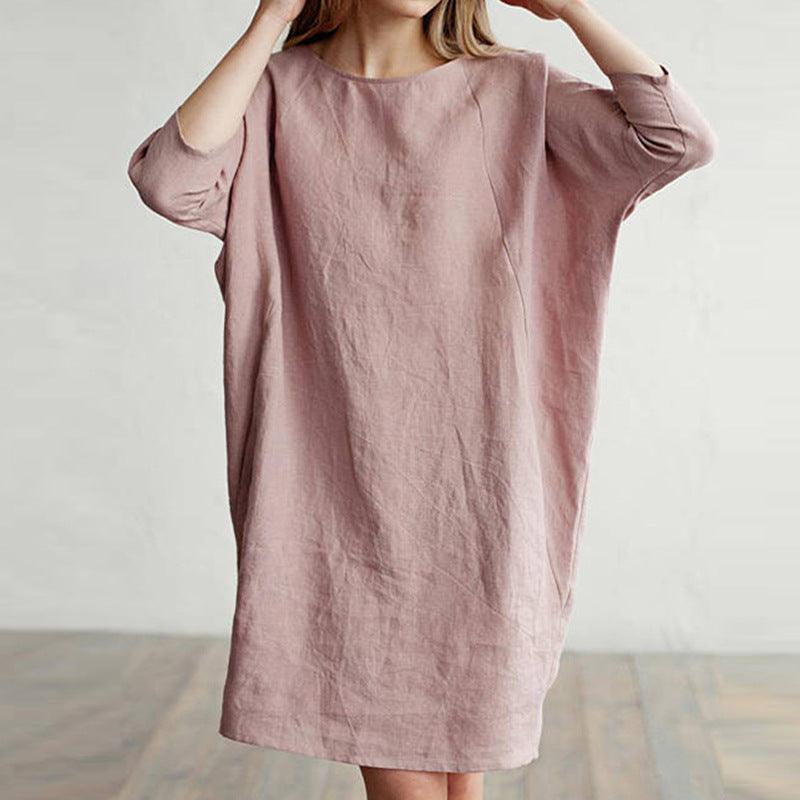 Cotton and linen stitching round neck pocket dress - Trendha