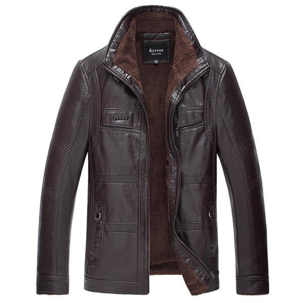 Mens PU Leather Jacket Stand Collar Velvet Thicker Warm Winter Coat Outwear Size XS-3XL - Trendha