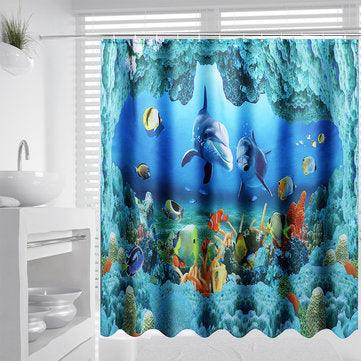 Ocean Dolphin Deep Sea Bathroom Shower Curtain Waterproof Rug Mat Set 180x180cm - Trendha