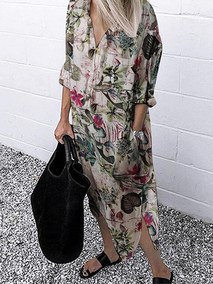 Women Retro Floral Leaves Print Lapel Collar Irregular Hem Button Shirt Dresses With Pocket - Trendha