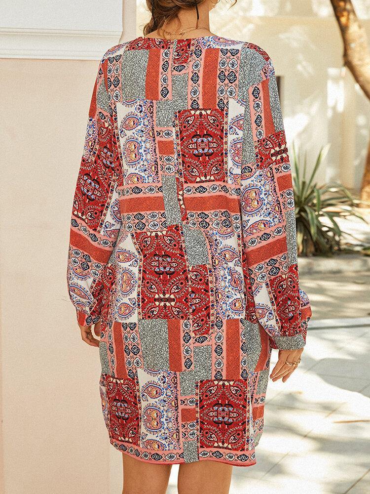 Women Colorblock Ethnic Style Print Puff Sleeve V-Neck Bohemian Midi Dress - Trendha