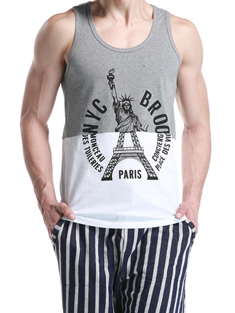 SEOBEAN New York Paris Printed Men's Vest Cotton Summer Leisure Fitness Jogging Sport Tops - Trendha