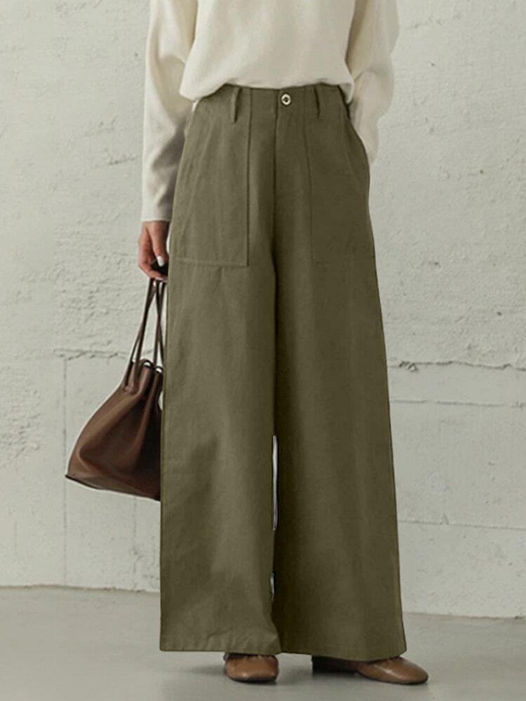 Women Casual Basic Solid Color Loose Wide Leg Pants With Pocket - Trendha