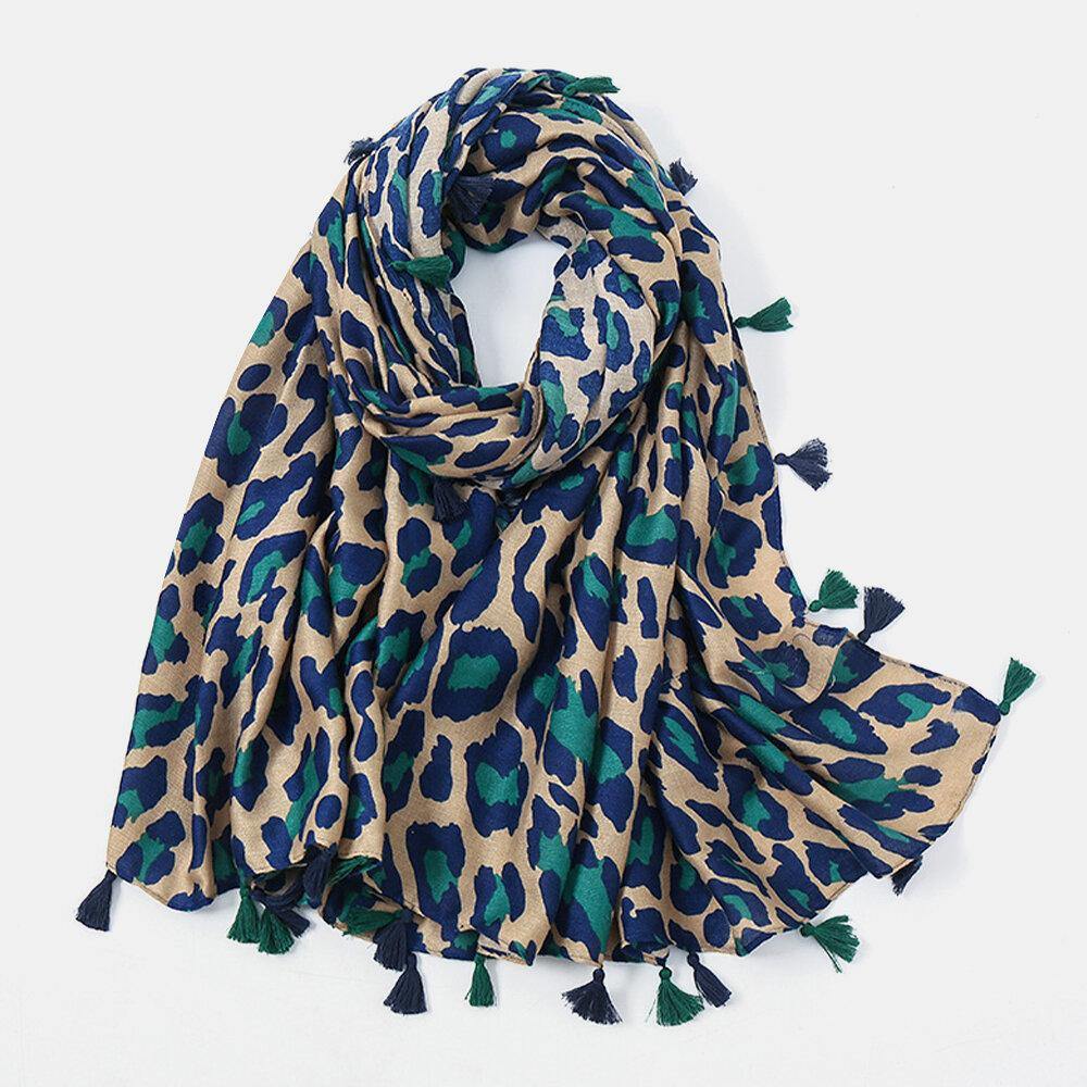 Women Cotton Leopard Warm Scarf Long Tassel Dual-Use Sunshade Shawl - Trendha