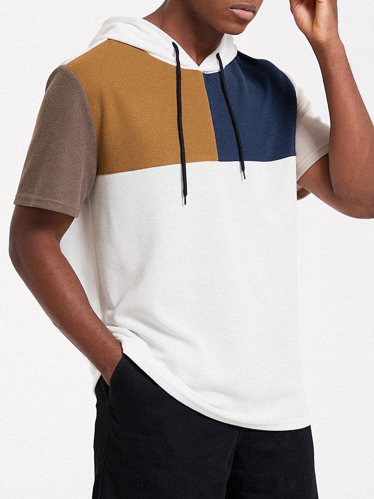 Mens Waffle Knit Color Block Hooded Patchwork Casual T-Shirts - Trendha
