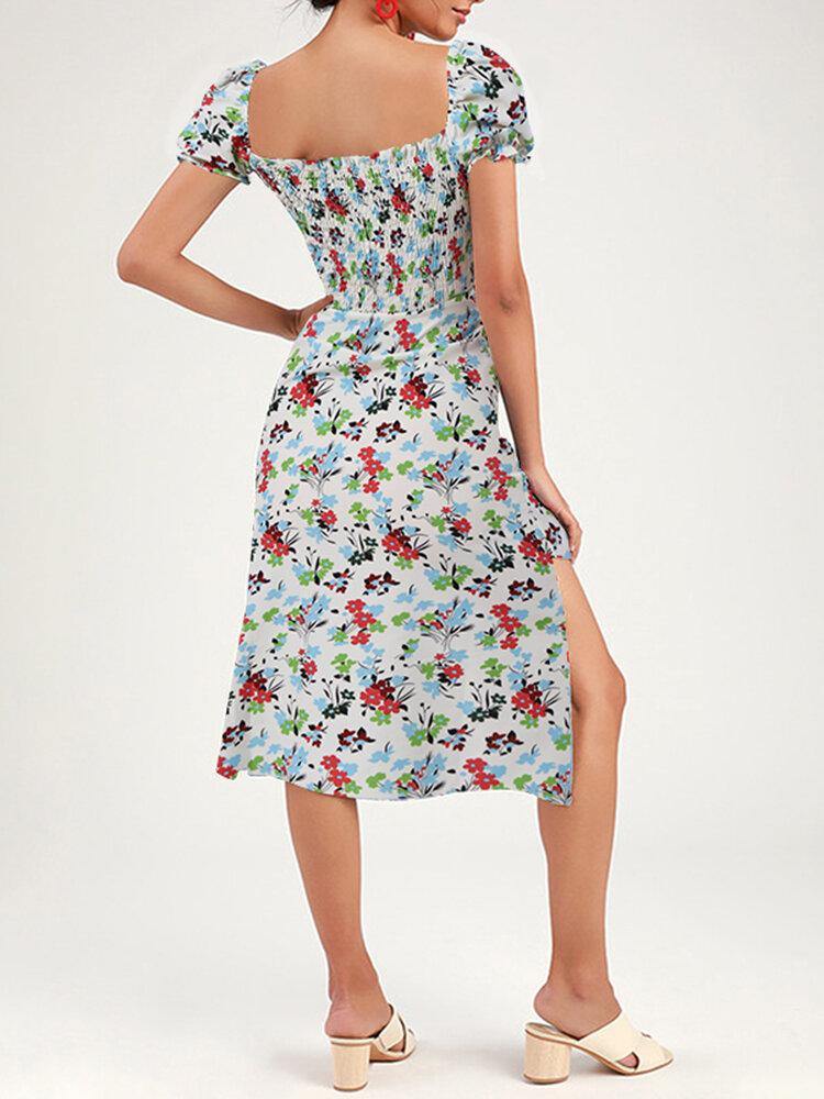 Square Neck Pleated Flower Priting Elegant Fashion Midi Dress - Trendha