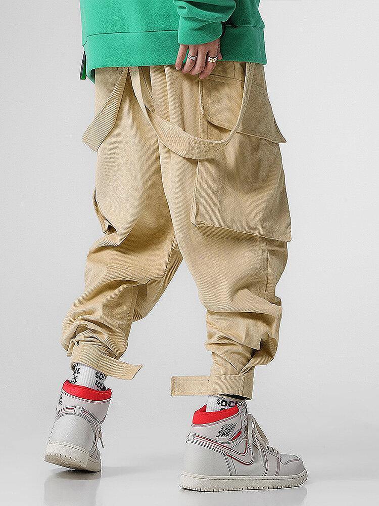 Mens Corduroy Drawstring Strappy Cargo Jumpsuit With Pocket - Trendha