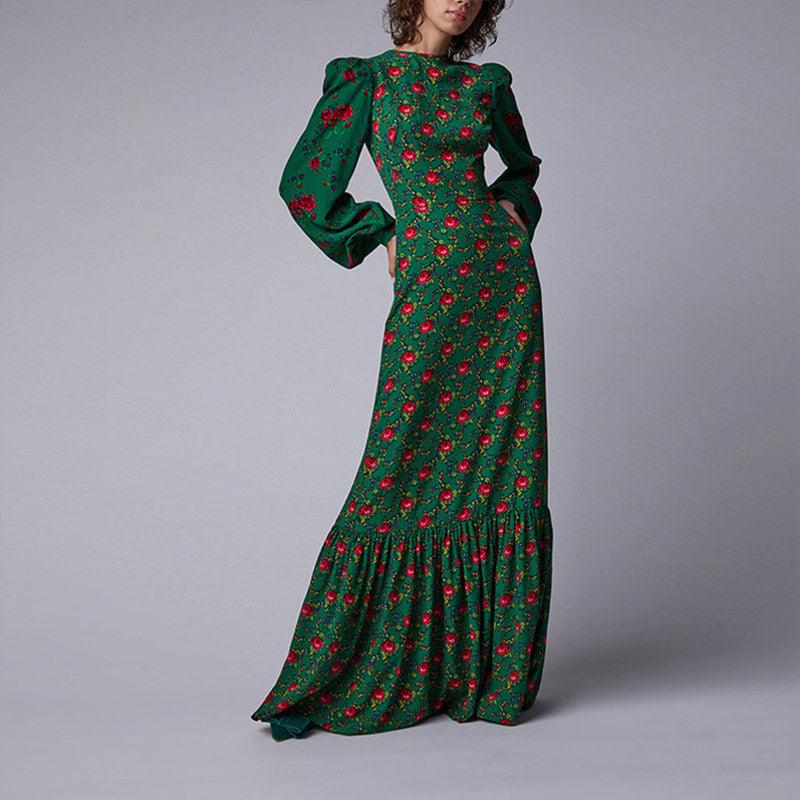 Green Printed Dress with Lantern Sleeves