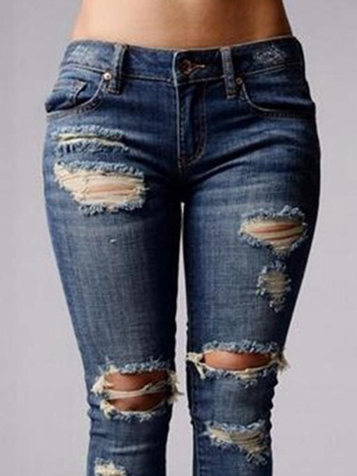 Solid Color Casual Jeans with Ripped Detailing and Zipper Fly - Trendha