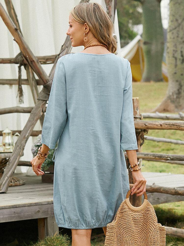 Women Solid Color Half Button Long Sleeve Dress With Drawstring Pocket - Trendha