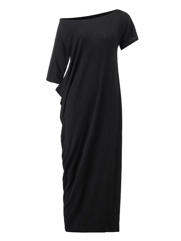 Casual Loose Women One Shoulder Pure Color Batwing Sleeve Maxi Dresses - Trendha