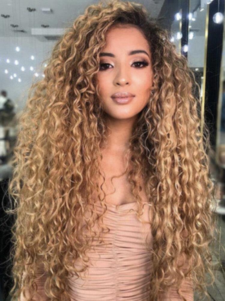 Brown Gradient Long Curly Hair Fluffy Afro Small Curly Wig Chemical Fiber Full Head Cover Wig - Trendha