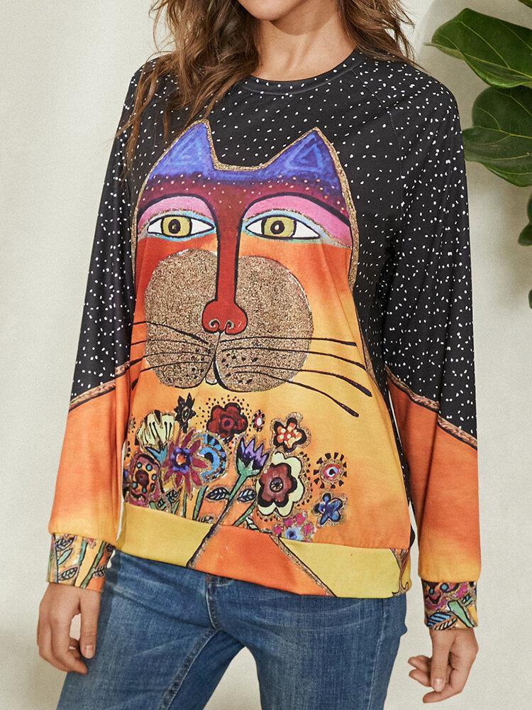 Women Cartoon Cat Spot Print Round Neck Casual Raglan Sleeve Blouses - Trendha