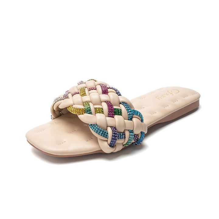 Fashion Square Head Colorful Diamond Embroidery Thread Flat Sandals - Trendha