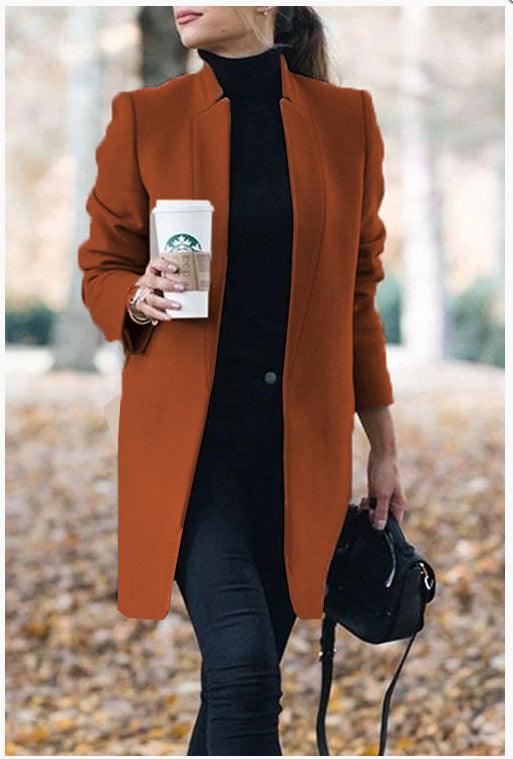 Solid Color Collar Woolen Coat - Trendha