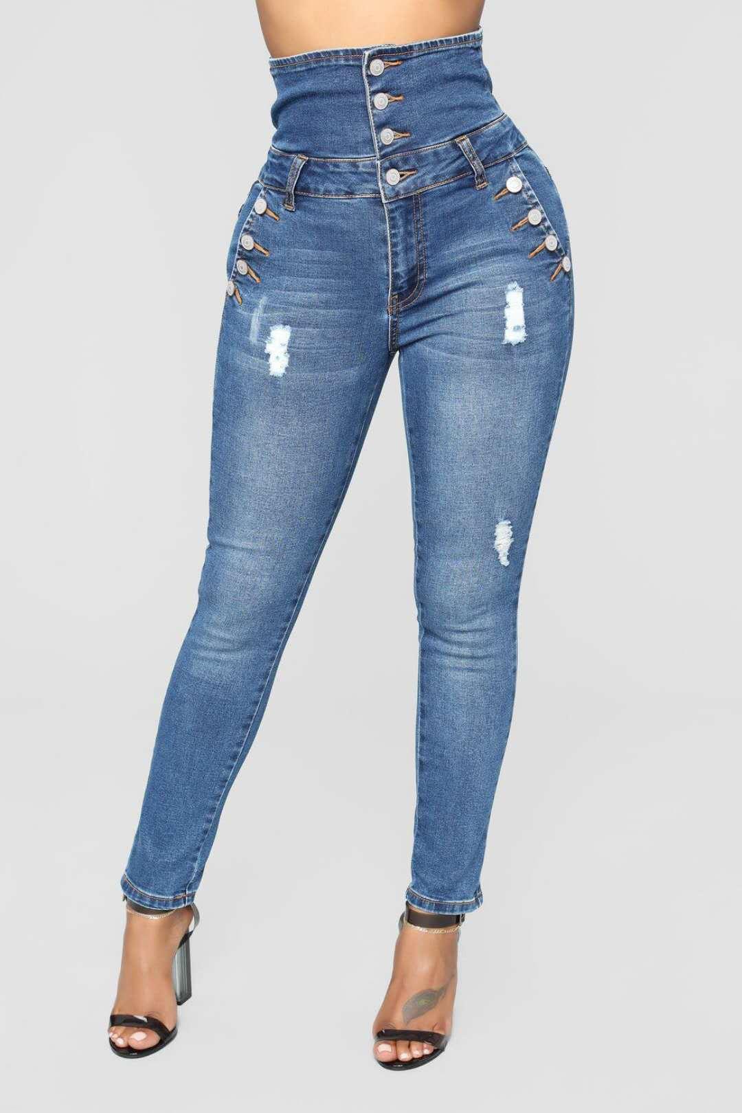 High-Waist Distressed Button-Detail Skinny Jeans