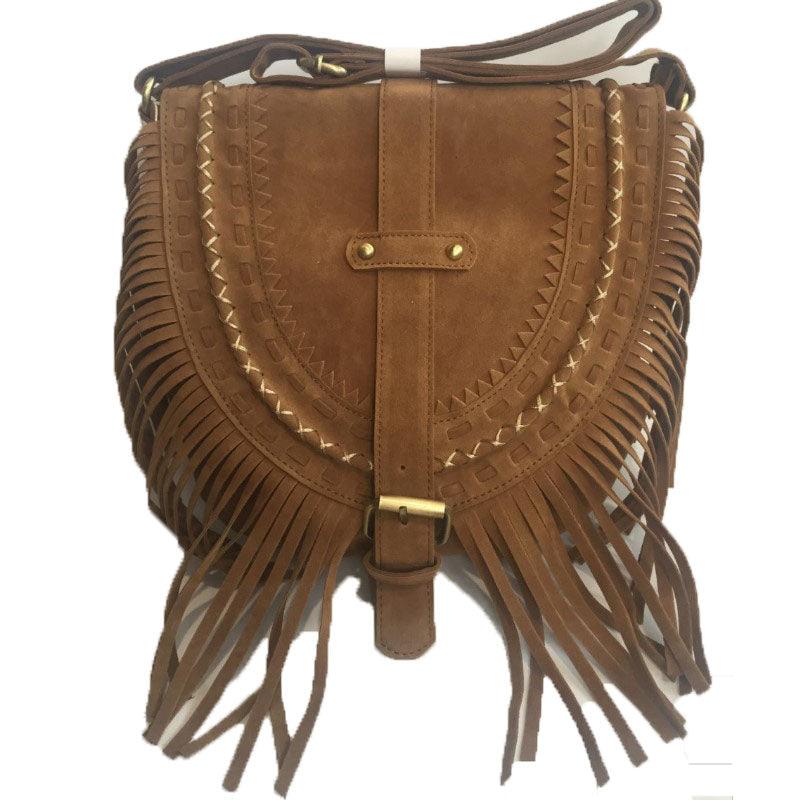 Suede fringe diagonal across package