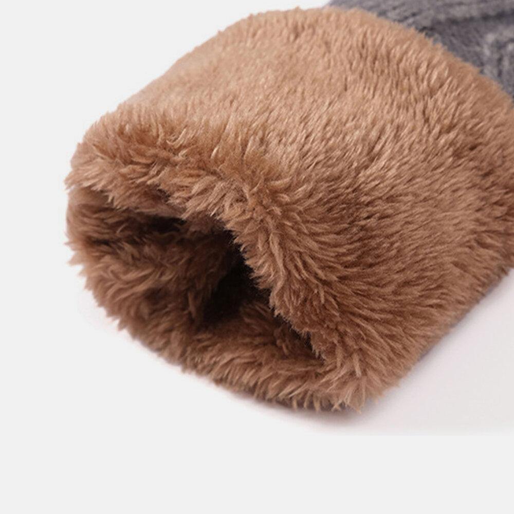 Women 2PCS Wool Plus Thicken Warm Winter Outdoor Knitted Gloves Knitted Hat with Fluff Ball - Trendha