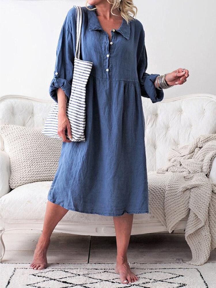 Women Long Sleeve Button Lapel Causal Shirt Dress - Trendha