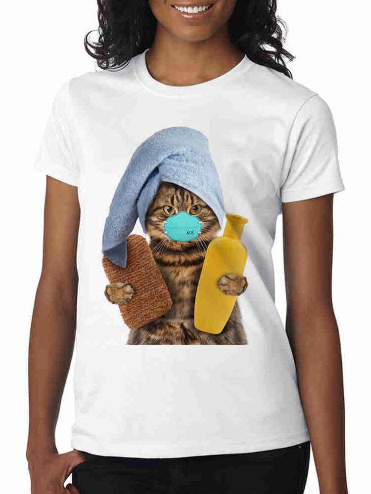 Cute Cartoon Masks Cat Print Summer Short Sleeve Casual T-shirts - Trendha