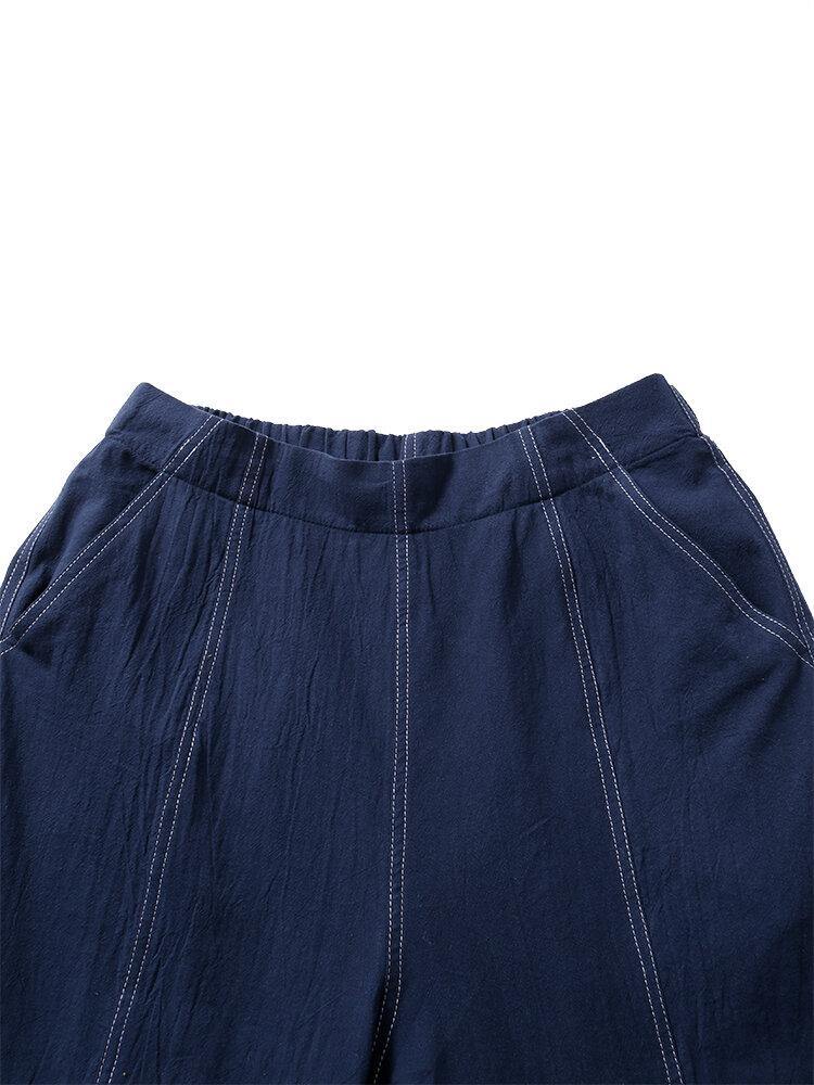 Solid Color Elastic Waist Casual Cotton Straight Leg Loose Women Pants - Trendha