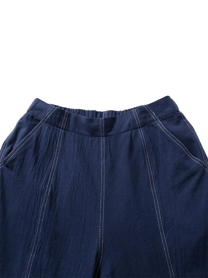 Solid Color Elastic Waist Casual Cotton Straight Leg Loose Women Pants - Trendha