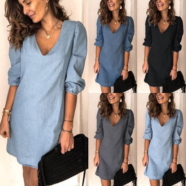 V-Neck Loose Polyester Pullover Dress