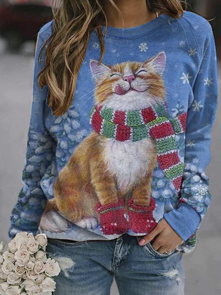 Women Christmas Allover Cute Cat Printed O-Neck Long Sleeve Sweatshirts - Trendha