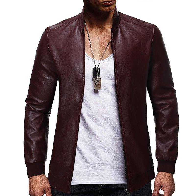 Mens PU Vintage Stand Collar Zipper Thick Casual Jacket - Trendha