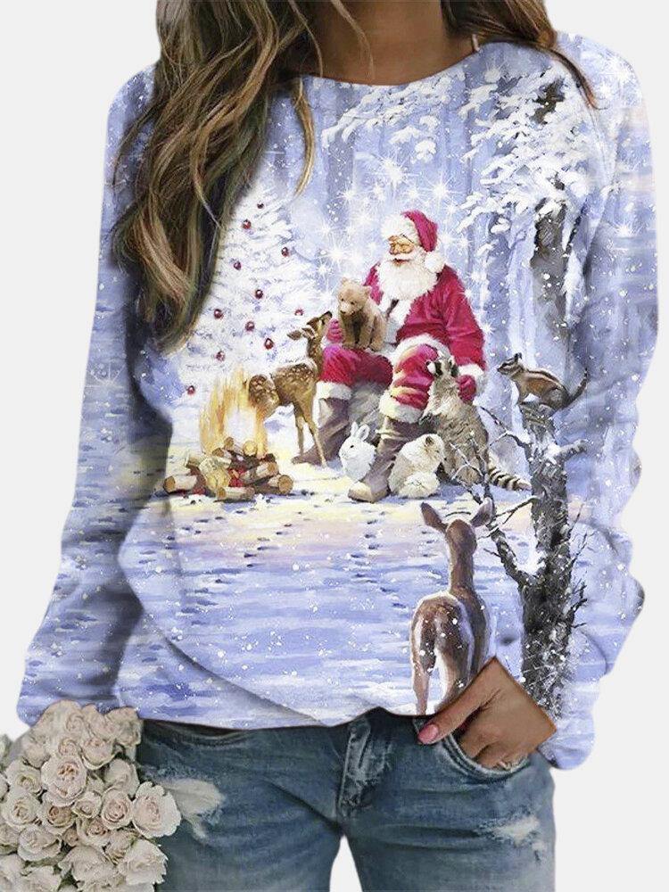 Christmas Women Santa Printed Pullover Long Sleeve Cute Sweatshirts - Trendha