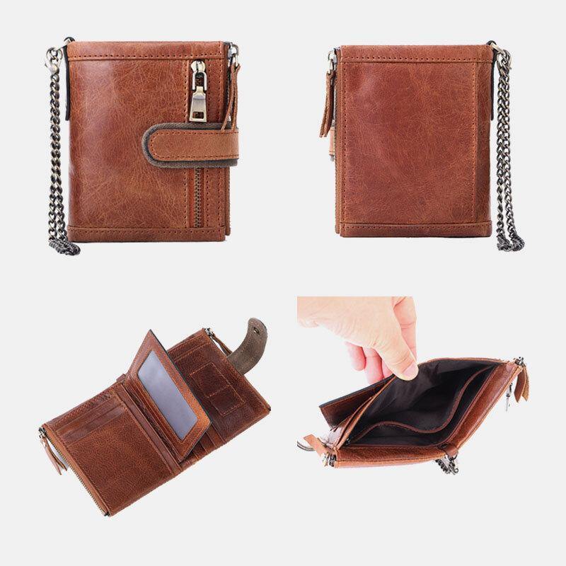 Men Genuine Leather RFID Anti-theft Retro Zipper Cowhide Chain Multi-slot Card Holder Wallet - Trendha