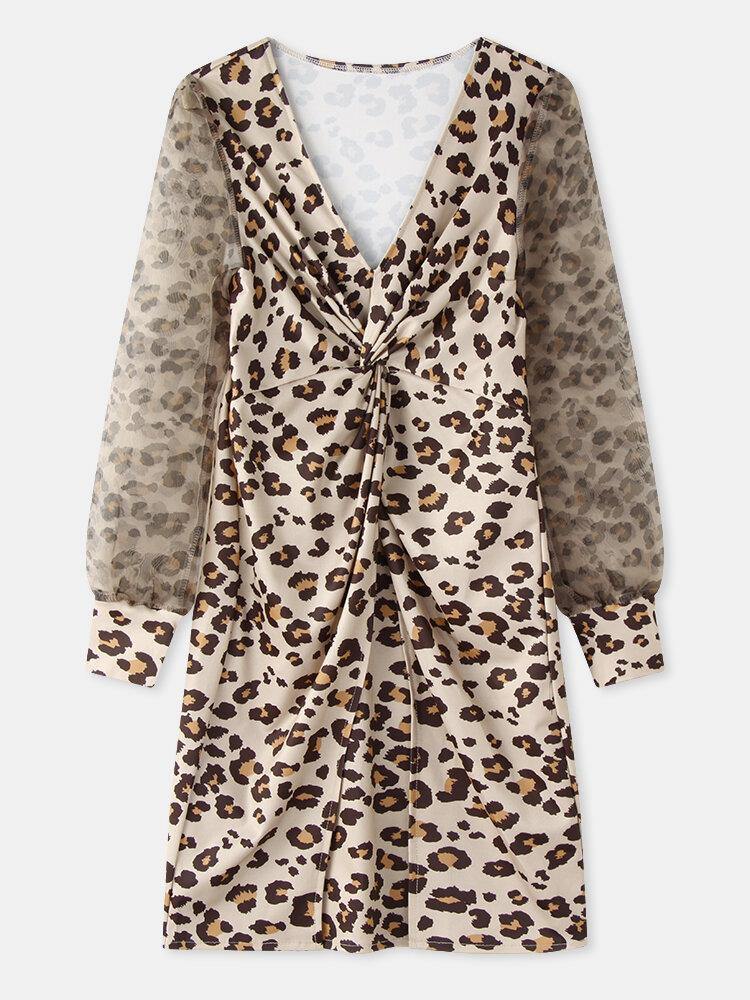 Women Leopard Twist V-Neck Elegant Long Sleeve Dress - Trendha