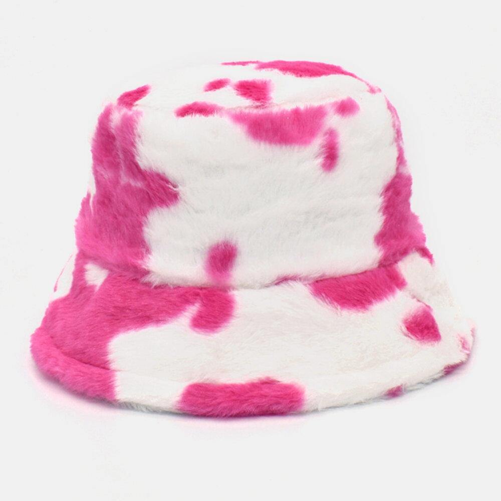 Unisex Lamb Hair Soft Warm Casual All-match Cute Cow Pattern Bucket Hat - Trendha