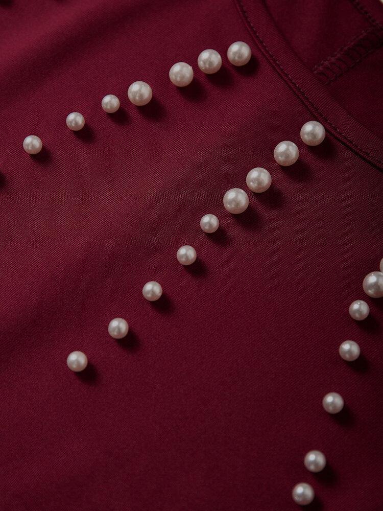 Elegant Pearl Details Round Neck Long Sleeves Mini Dress - Trendha