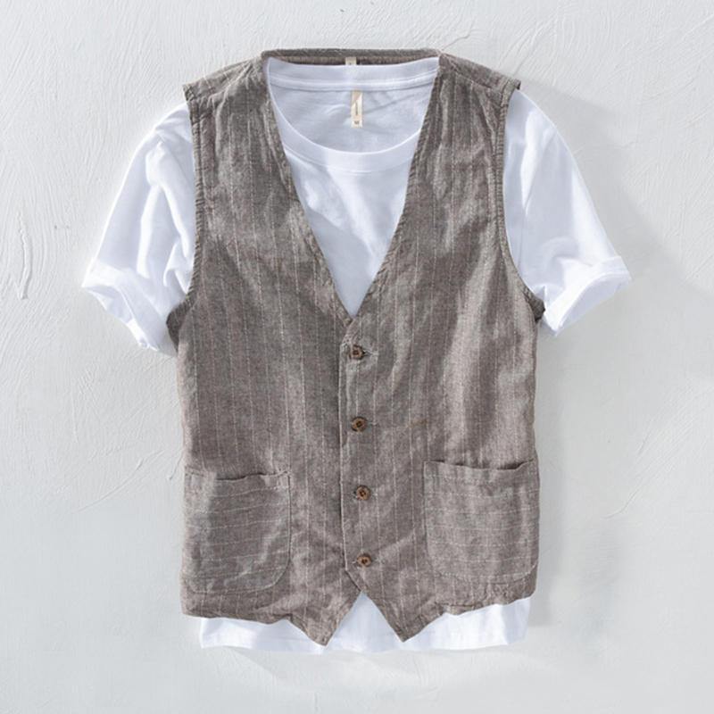 Retro Striped Linen Drawstring V-Neck Vest For Men - Trendha