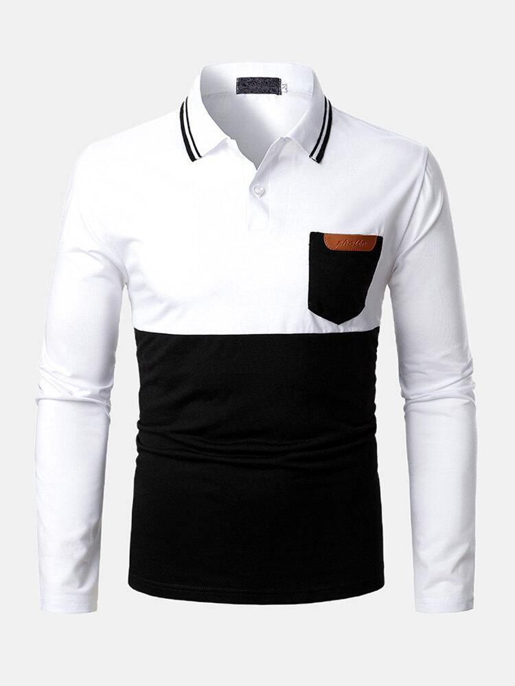 Mens Contrast Color Stitching Cowhide Chest Pocket Long Sleeve Golf Shirts - Trendha