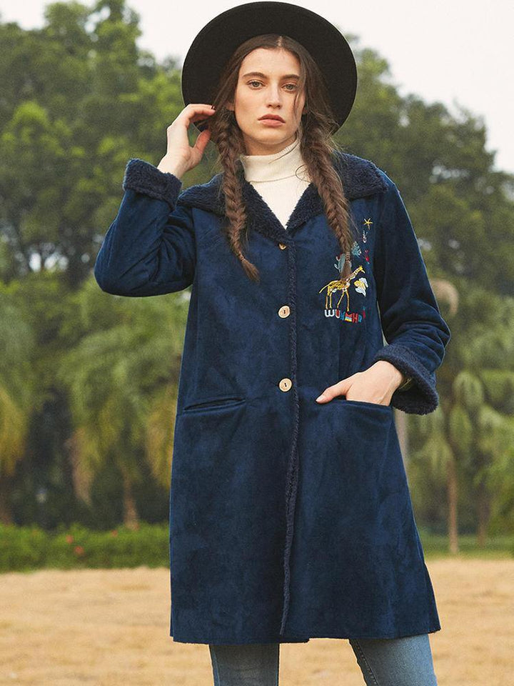 Suede Cartoon Embroidered Button Long Sleeve Coats - Trendha
