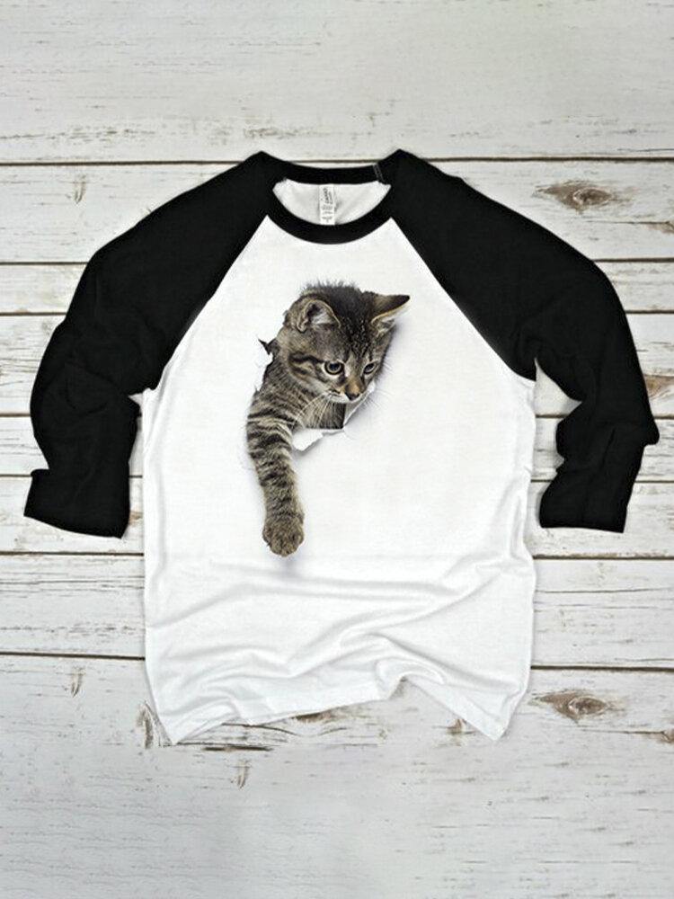 Cute Cat Print Raglan Sleeves O-Neck Casual T-Shirt For Women - Trendha