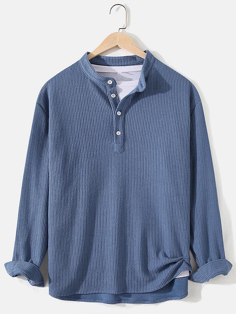 Mens Knitting Jacquard Solid Texture Long Sleeve Henley Shirts - Trendha